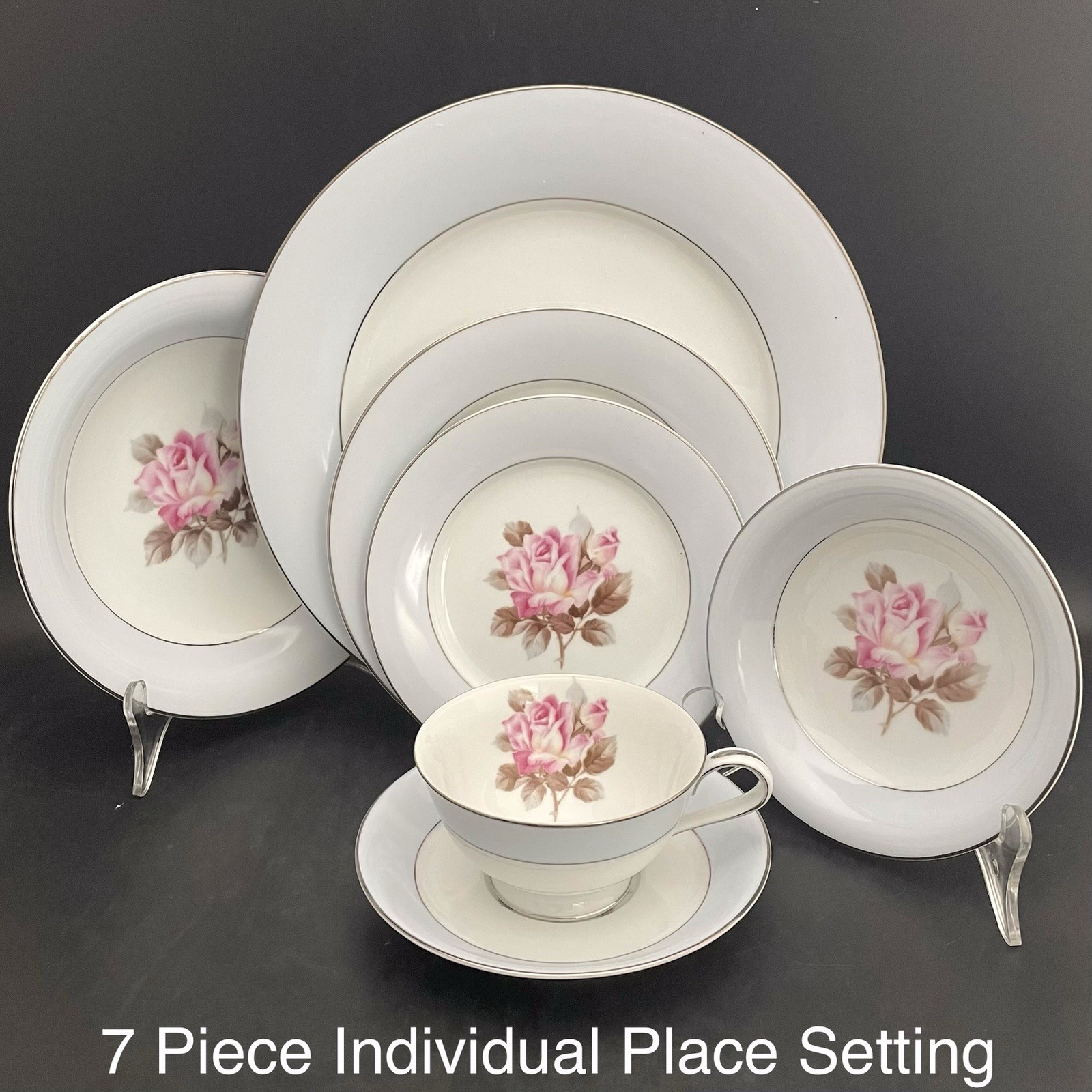 Noritake Nippon Toki Kaisha 1584 Rose Blue Platinum 46pc Dinnerware for 6 c1947