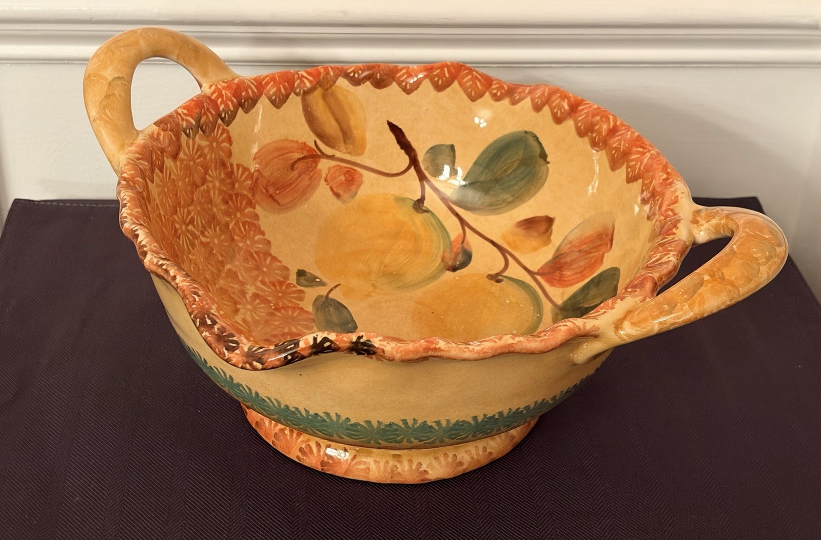 Vintage Italian Hand Painted Majolica Centerpiece Fruit Bowl Double Handle 14”
