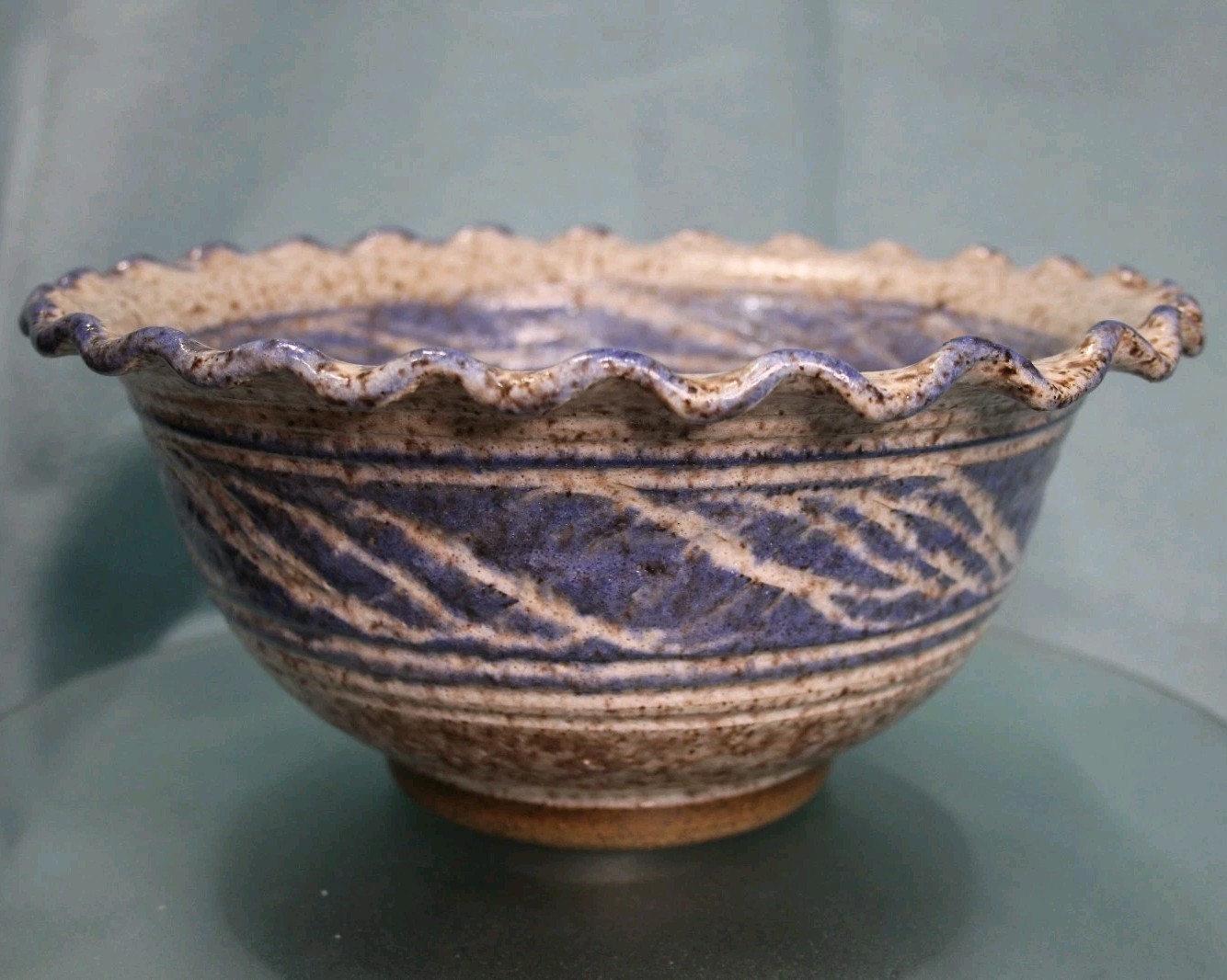 Vintage Studio Art Pottery Salt Glaze Stoneware Bowl Signed Blue Cobalt 9in