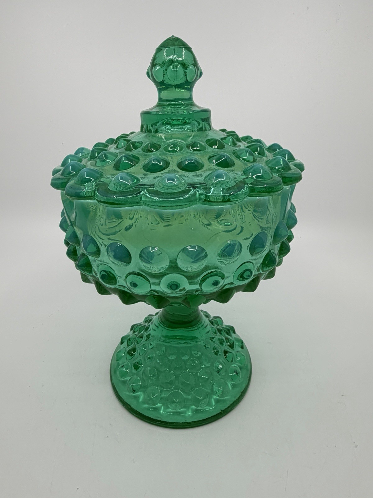 Vtg Fenton 1959 Emerald Green Opalescent Hobnail Lidded Candy Bowl Crack Glows