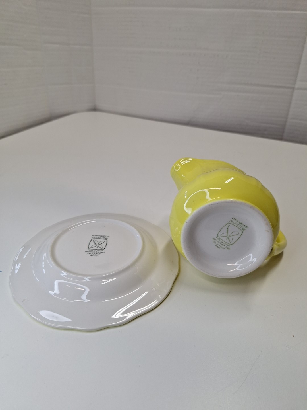 Ironstone Japan Yellow Ceramic Creamer Pitcher w Saucer Plate 4.5″H x 5.5″W