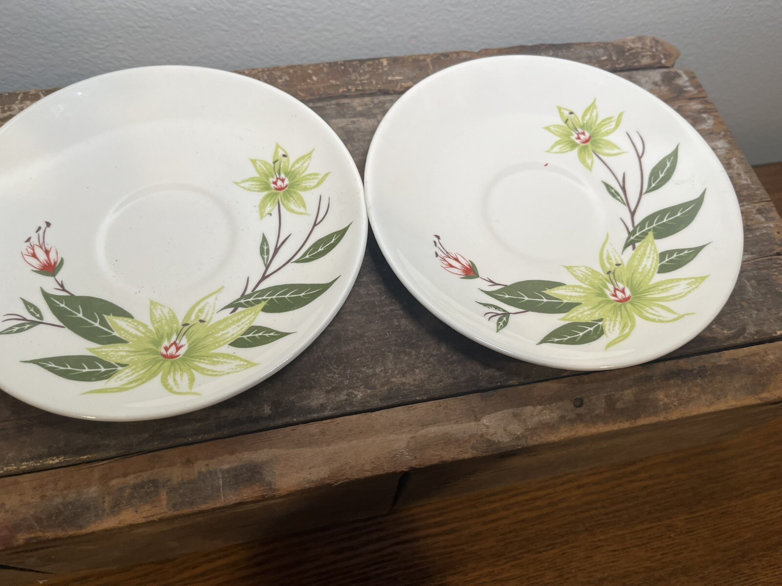 Vintage Homer Laughlin Rhythm Desert Lily Pottery Saucers Green Flowers 1952 MCM
