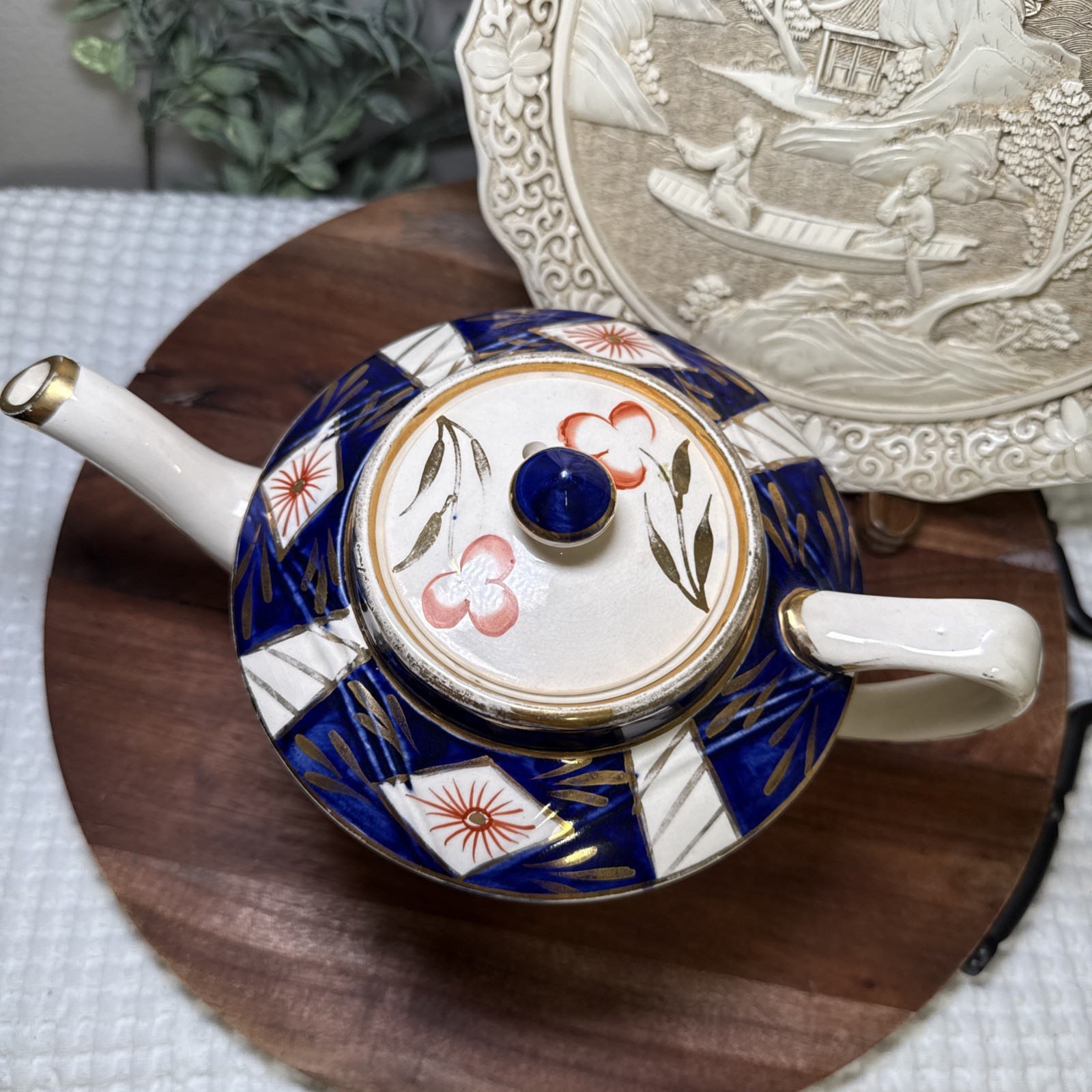 Sadler England Imari Floral Teapot Blue Rust Red Gold 10” Lid Chip Vintage