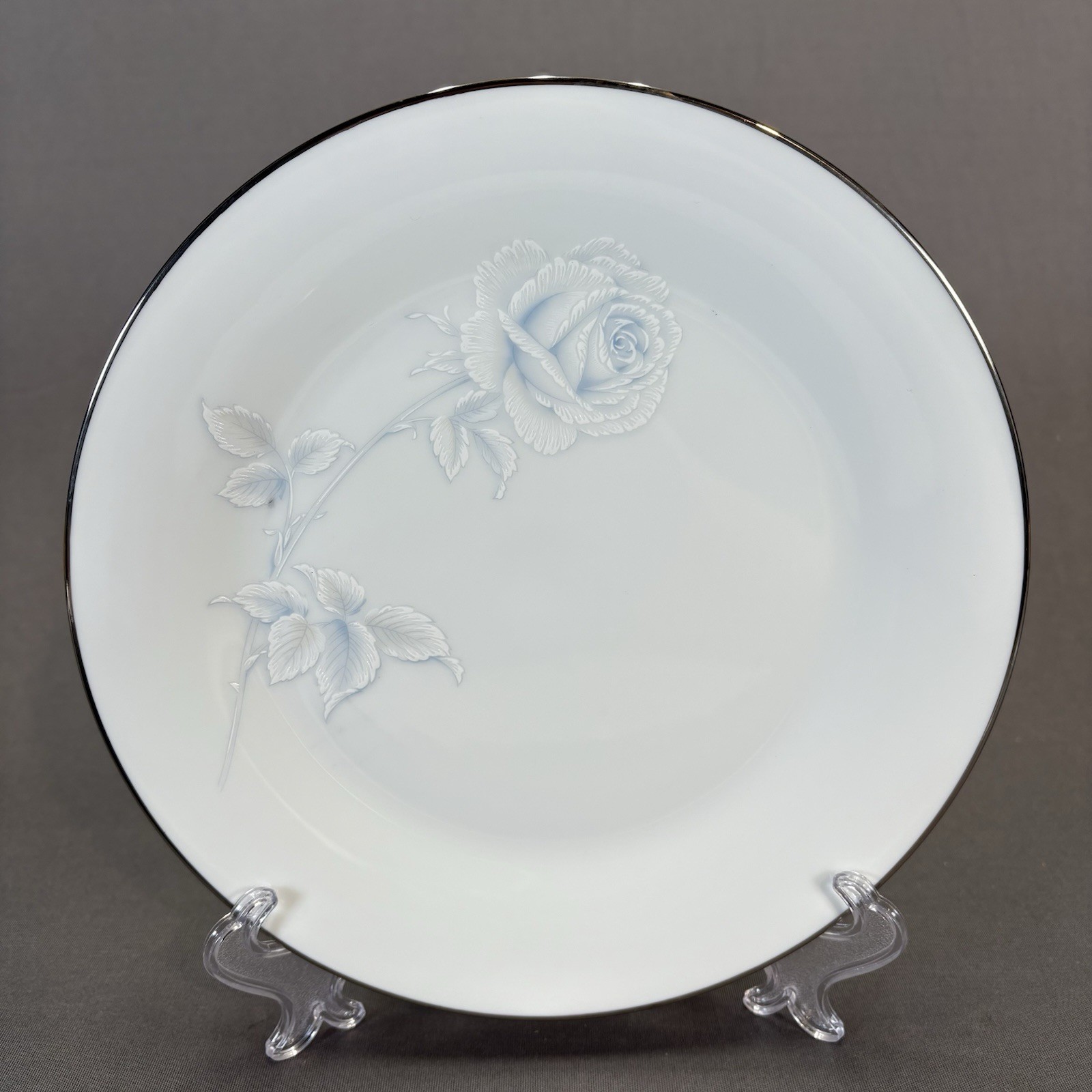 Noritake Virtue Salad Plates 8 1/4″ Set of 4 White Blue Roses Platinum Trim