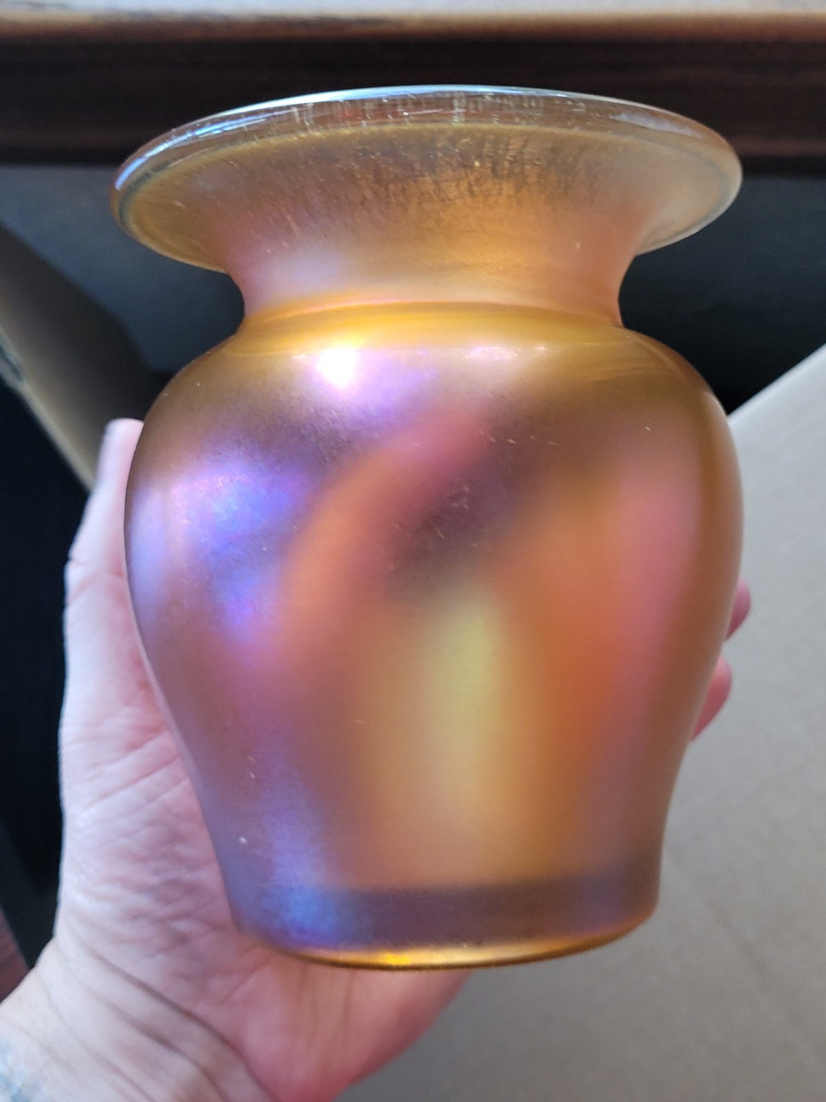 Stretch Art Glass Marigold Imperial Jewels Vase Iron Cross Signed #30 Pattern