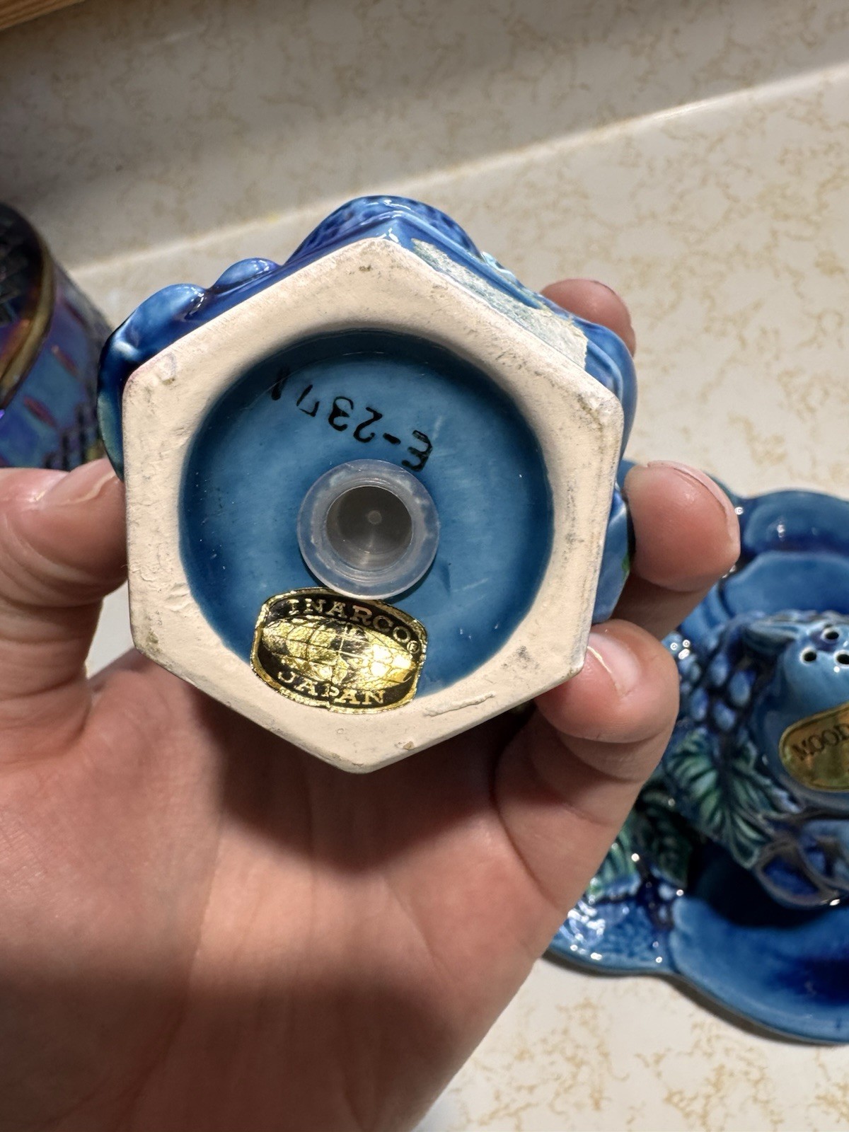 Vintage Inarco Mood Indigo Blue Fruit Salt Pepper Shakers Set with Tray Japan