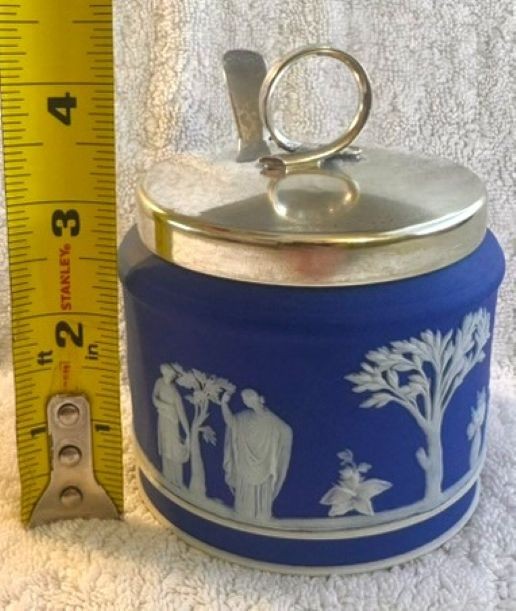 Vintage Wedgwood Blue Jasperware Jam Pot Jar with Lid and Spoon, circa 1925-1939
