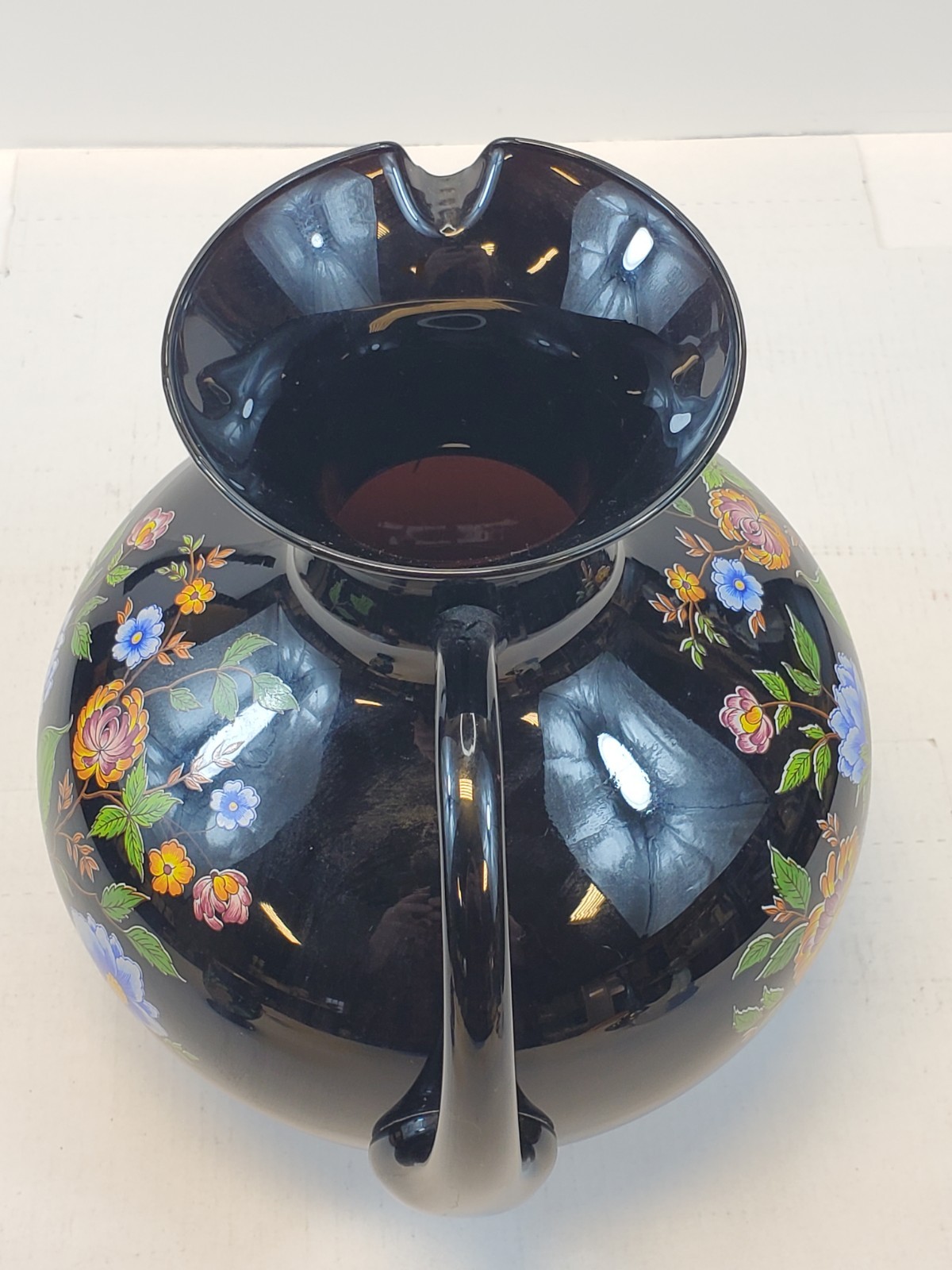 Italian Pitcher Home Decor 9.5” Tall Vintage Black Floral By Ardalt
