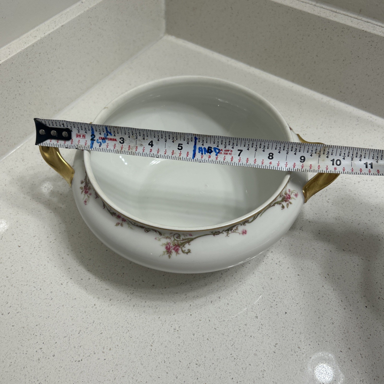Haviland Limoges France Handled Casserole Dish Pink Rose Garland & Gold Trim