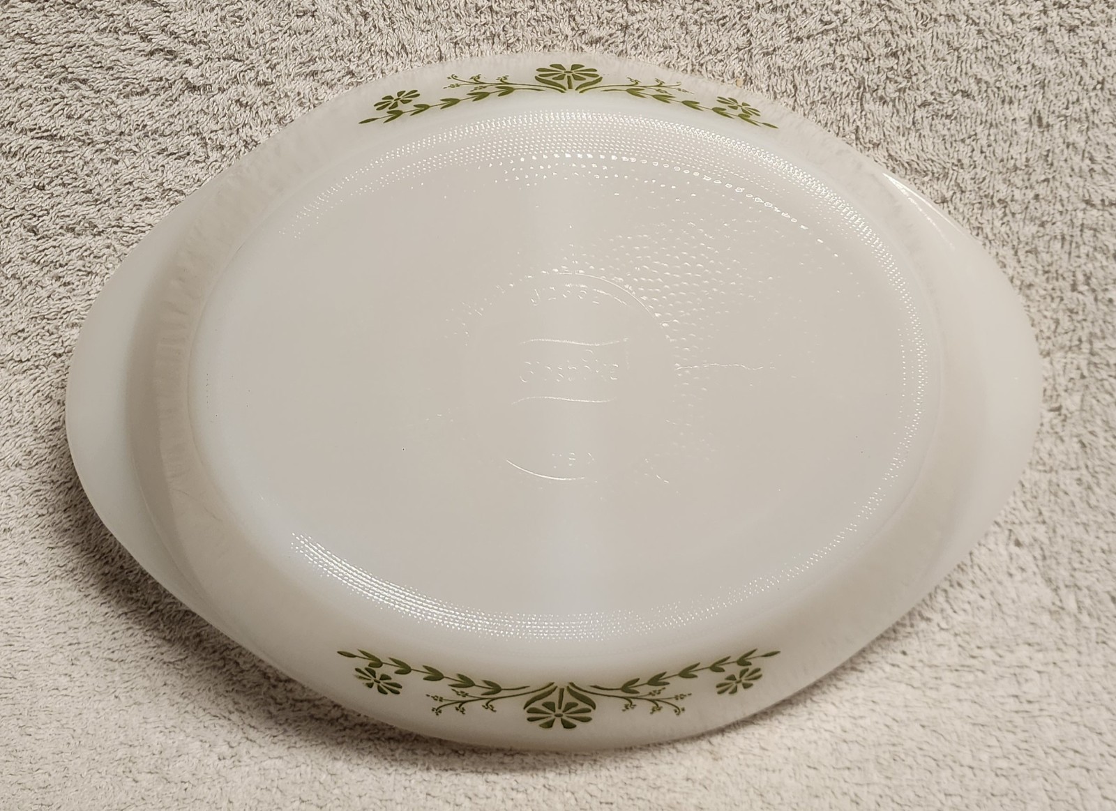 Glasbake J2352 Serving Dish Divided Oval Green Daisy Baking Vintage Milk Glass