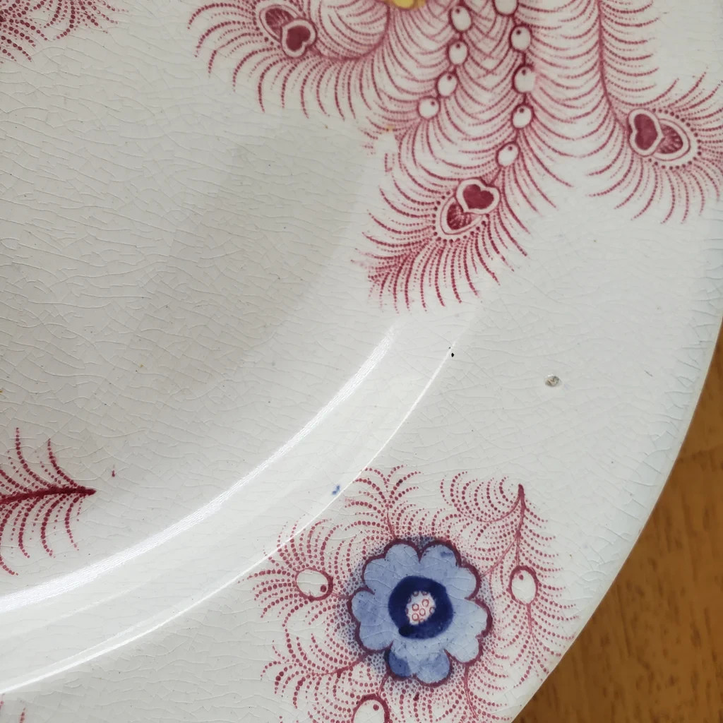 Antique Pink Feather Transferware Polychrome Plates 9” Set of 2 Wood & Challinor