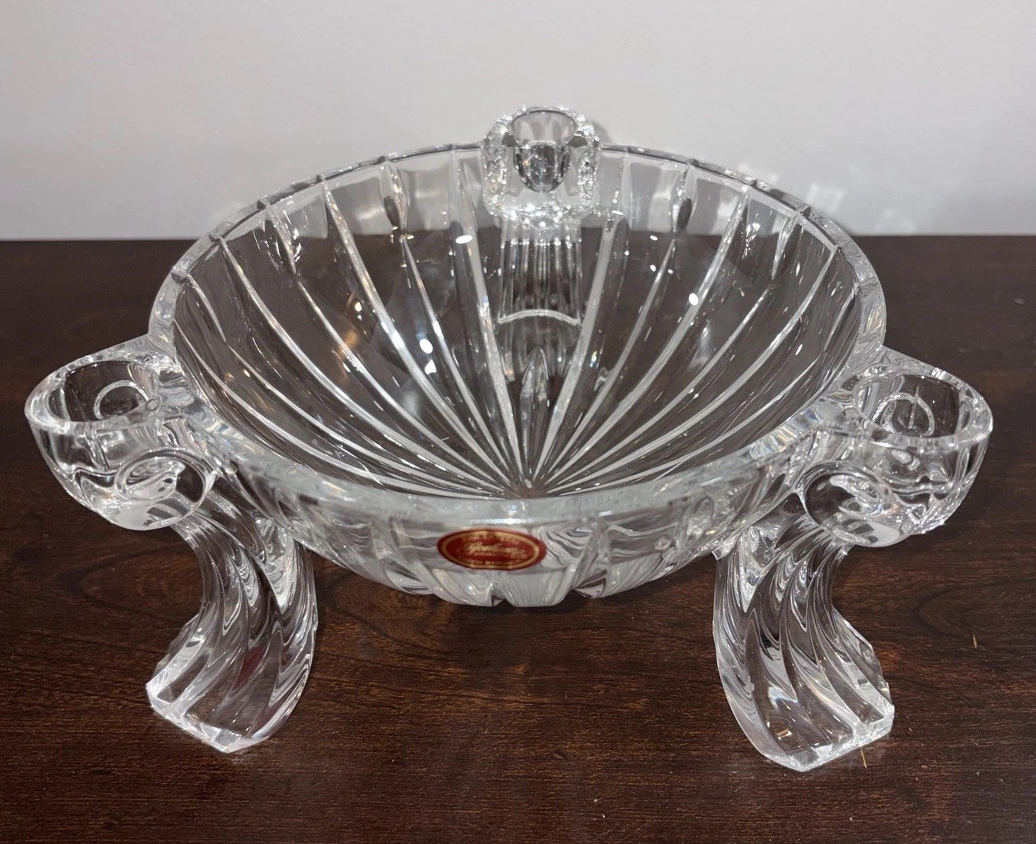 Bohemia Crystal Czech Republic Footed Centerpiece Bowl 3-Handle Lead Crystal- 8”
