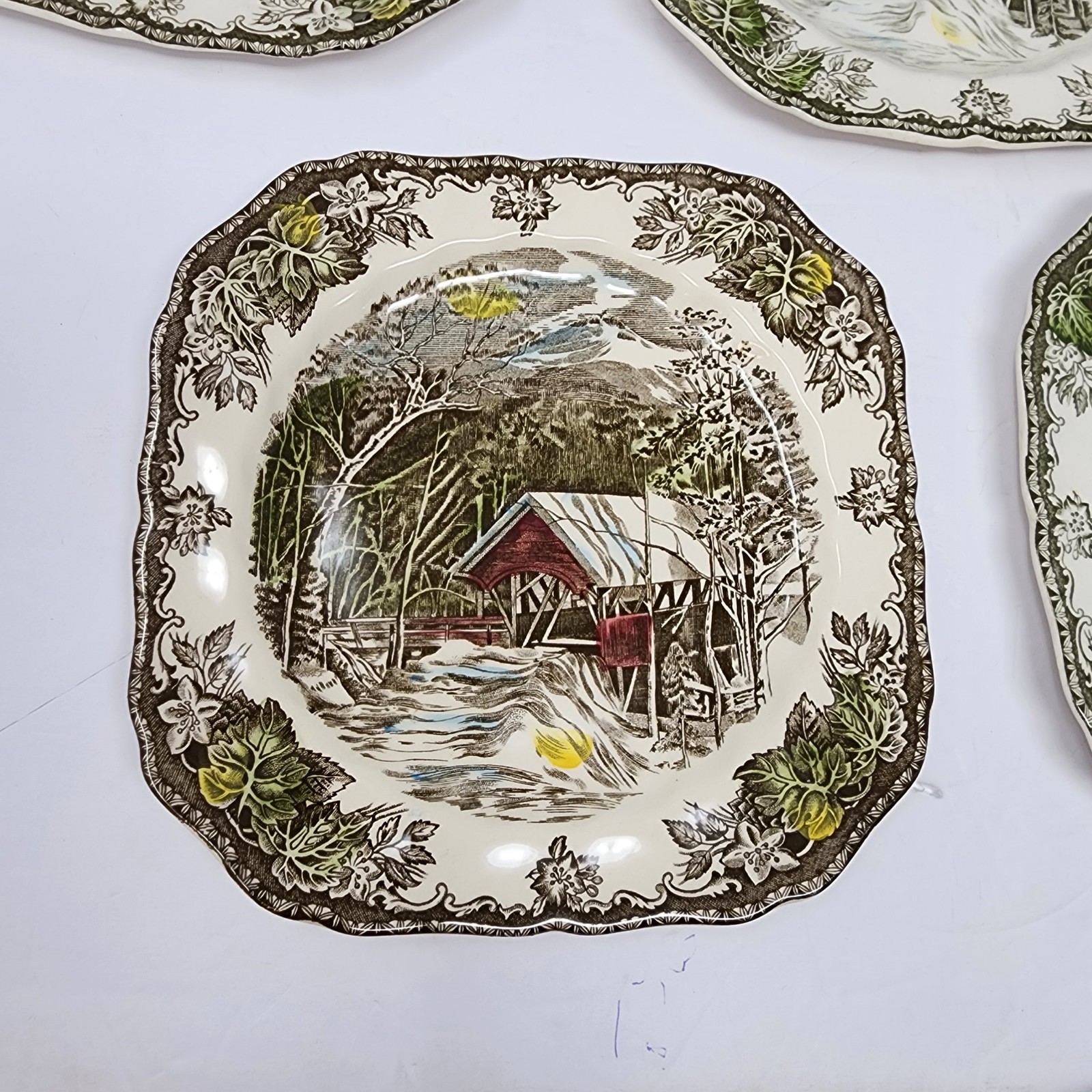 Friendly Village Johnson Brothers Covered Bridge Square Salad Dessert Plates Set