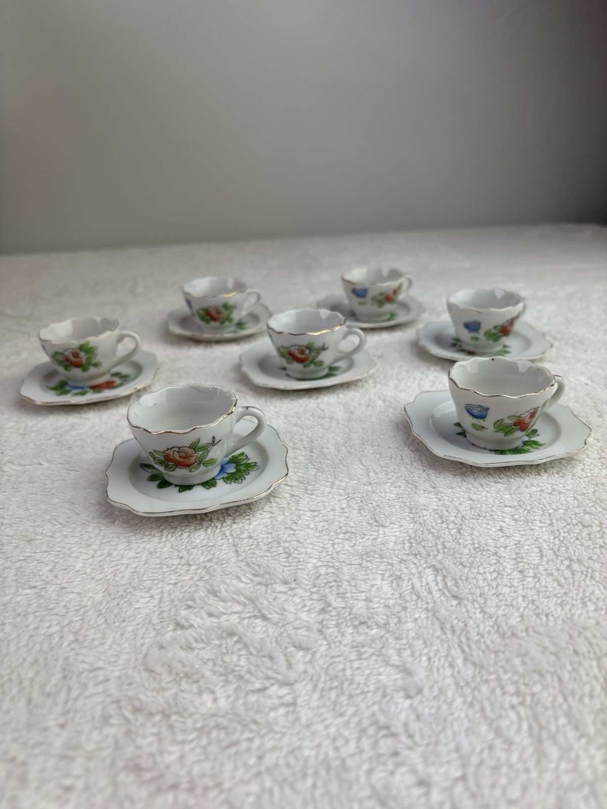 Vintage Tea Set (7) Mini Cup & Saucer Japan Scalloped Hand Painted China