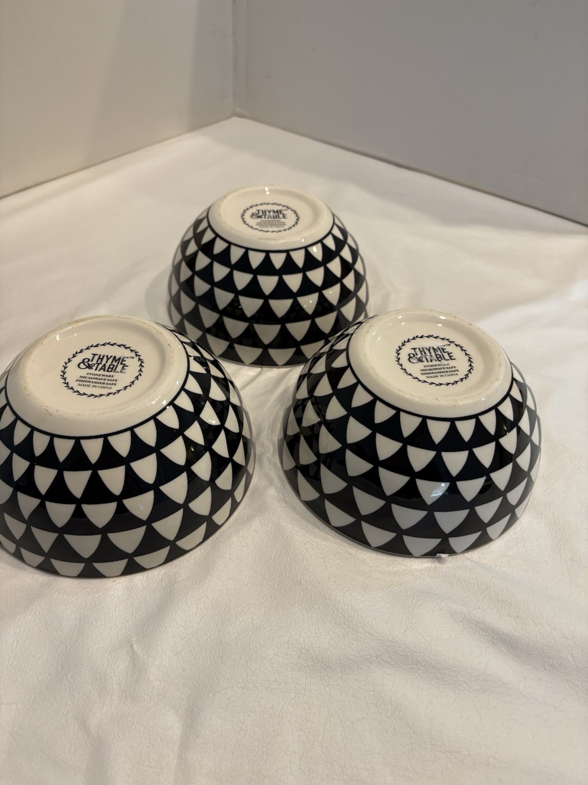 Set Of 3 Thyme & Table Stoneware Serving Bowls Black/White Asymmetrical