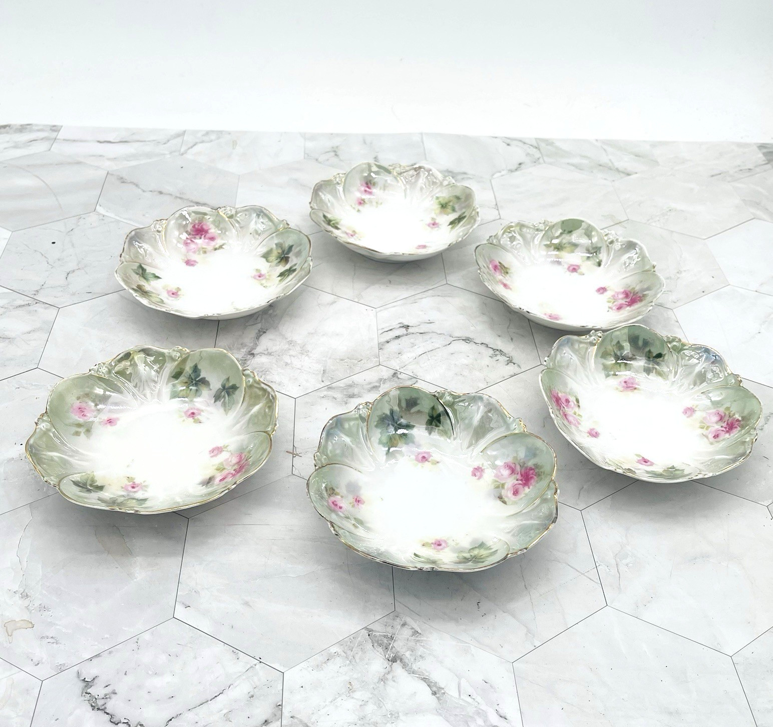 Lot of 6 Antique Signed R S Prussia Floral Berry Bowls Green Gold Rim Roses 5″