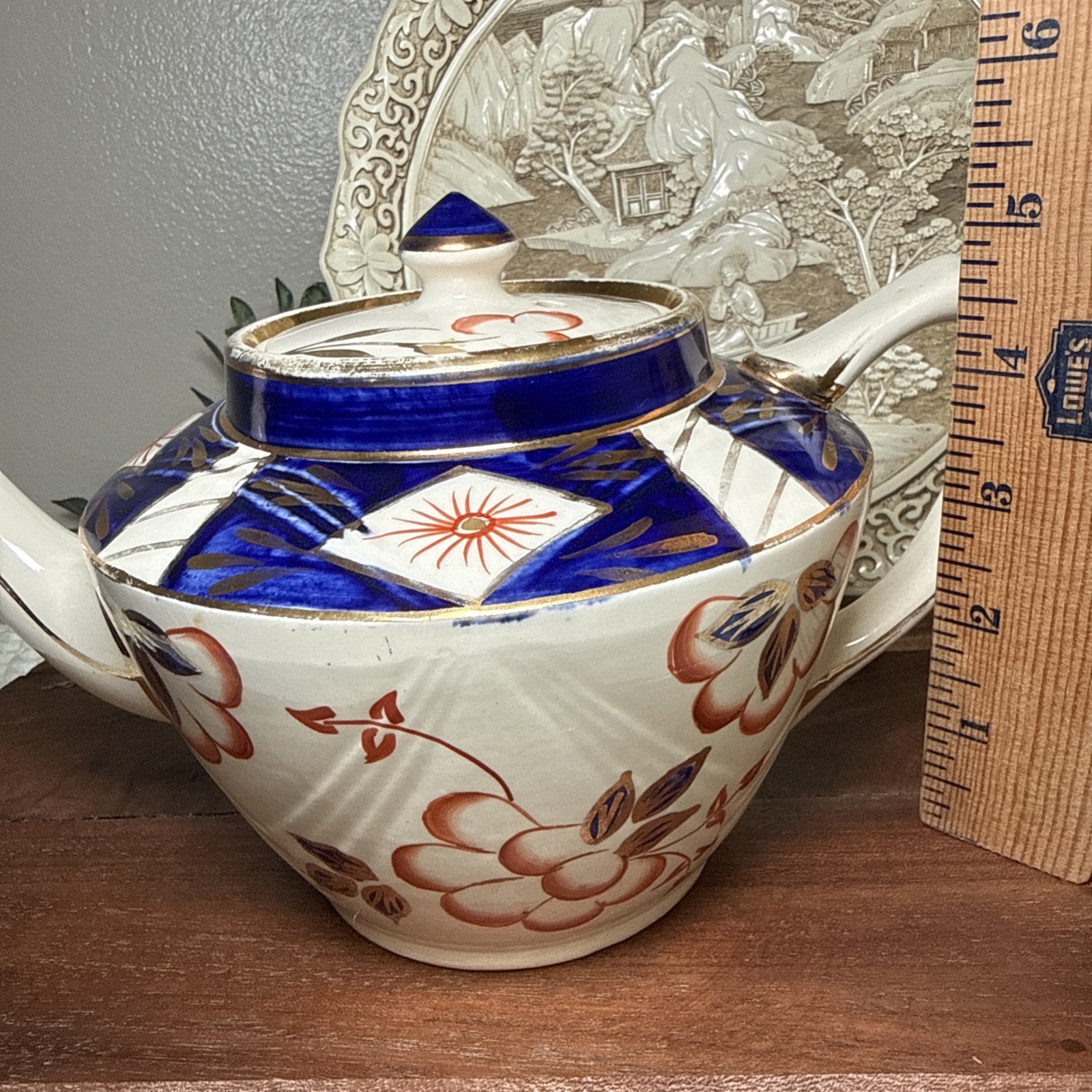 Sadler England Imari Floral Teapot Blue Rust Red Gold 10” Lid Chip Vintage