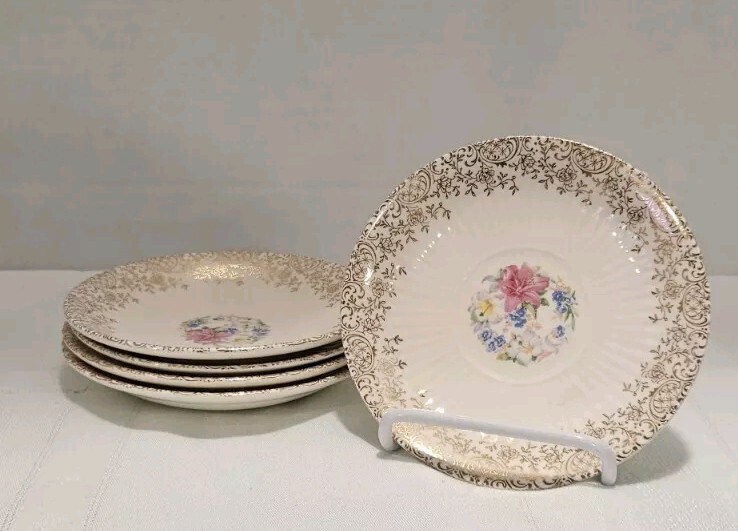 Set of 5 Vintage Saucers, Royal China, Robinhood Regal Shape Pattern 5.5″
