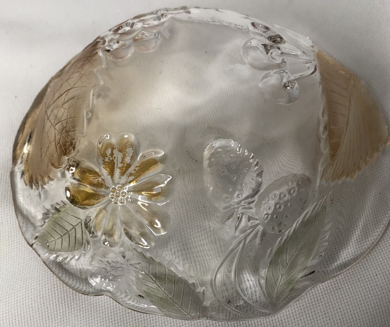 Beautiful Small Glass Candy Trinket Dish with Fruit and Leaves
