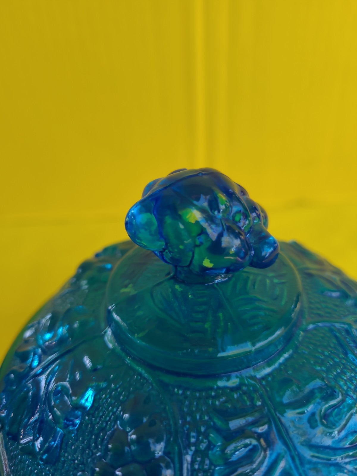 2 VTG 1950s Jeanette Glass Footed Covered Cobalt Blue Candy Dish Grape Leaf MCM