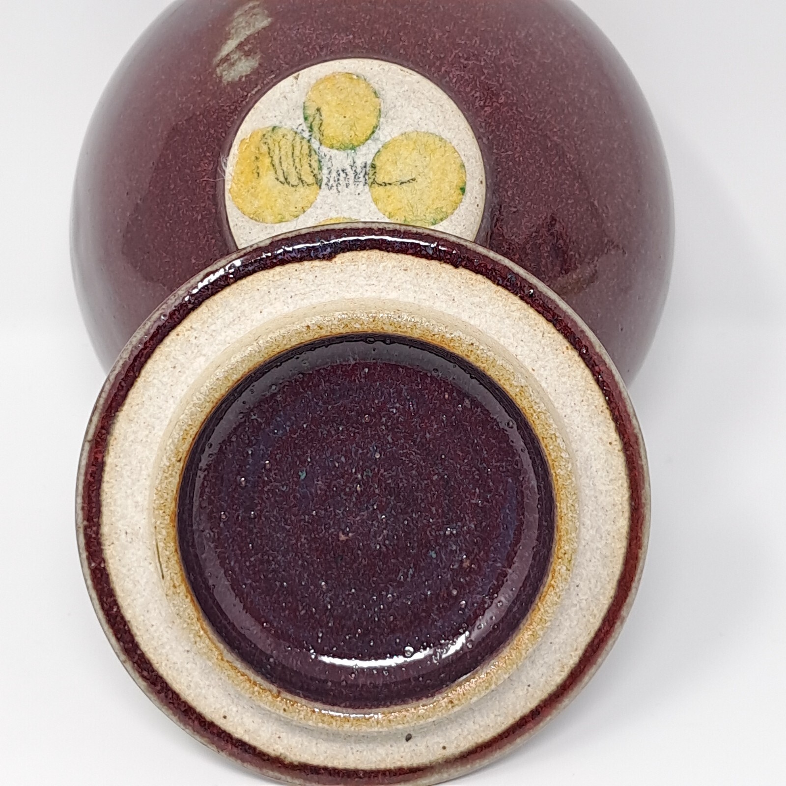 Stoneware Pottery Jar w/ Lid onion shape Deep Red w/ Blue signed