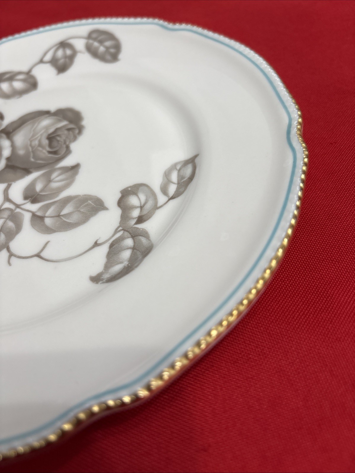 Castleton China Gloria 8″ Salad Plate Blk Rose Gold Trim W/ Blue Pinstripe