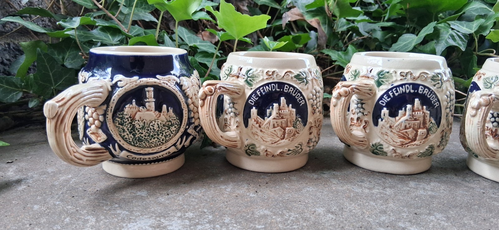 5 German Stoneware Mugs By Marzi & Remy “2835” 2 Cobalt Blue & 3 Cream Mugs