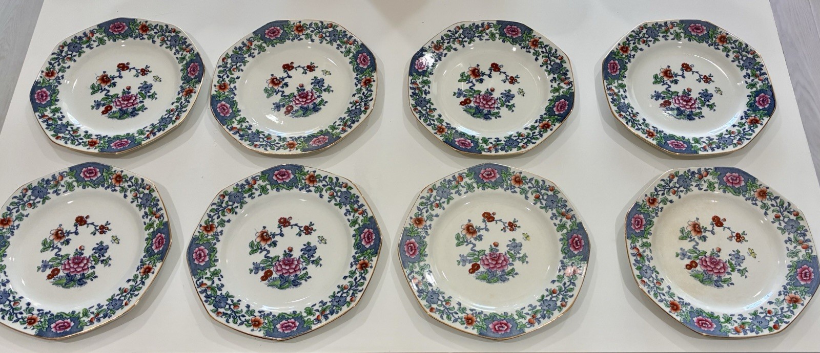 Lovely Antique Dishes, Golden Rims & Floral Pink, Blue & Rust Colors – Set Of 8