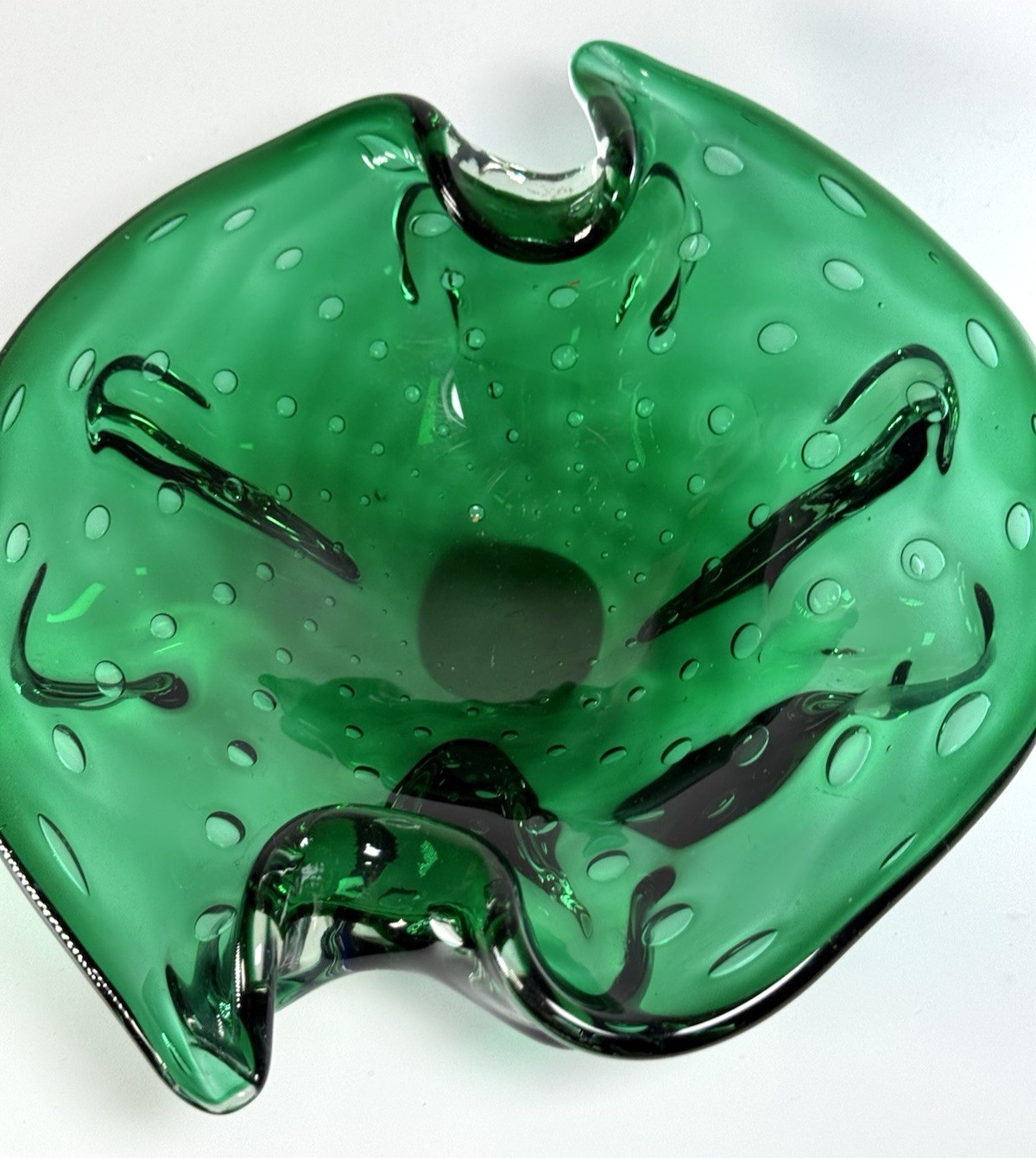 Hand Blown Controlled Bubble Dark Green Thick Glass Decor Bowl