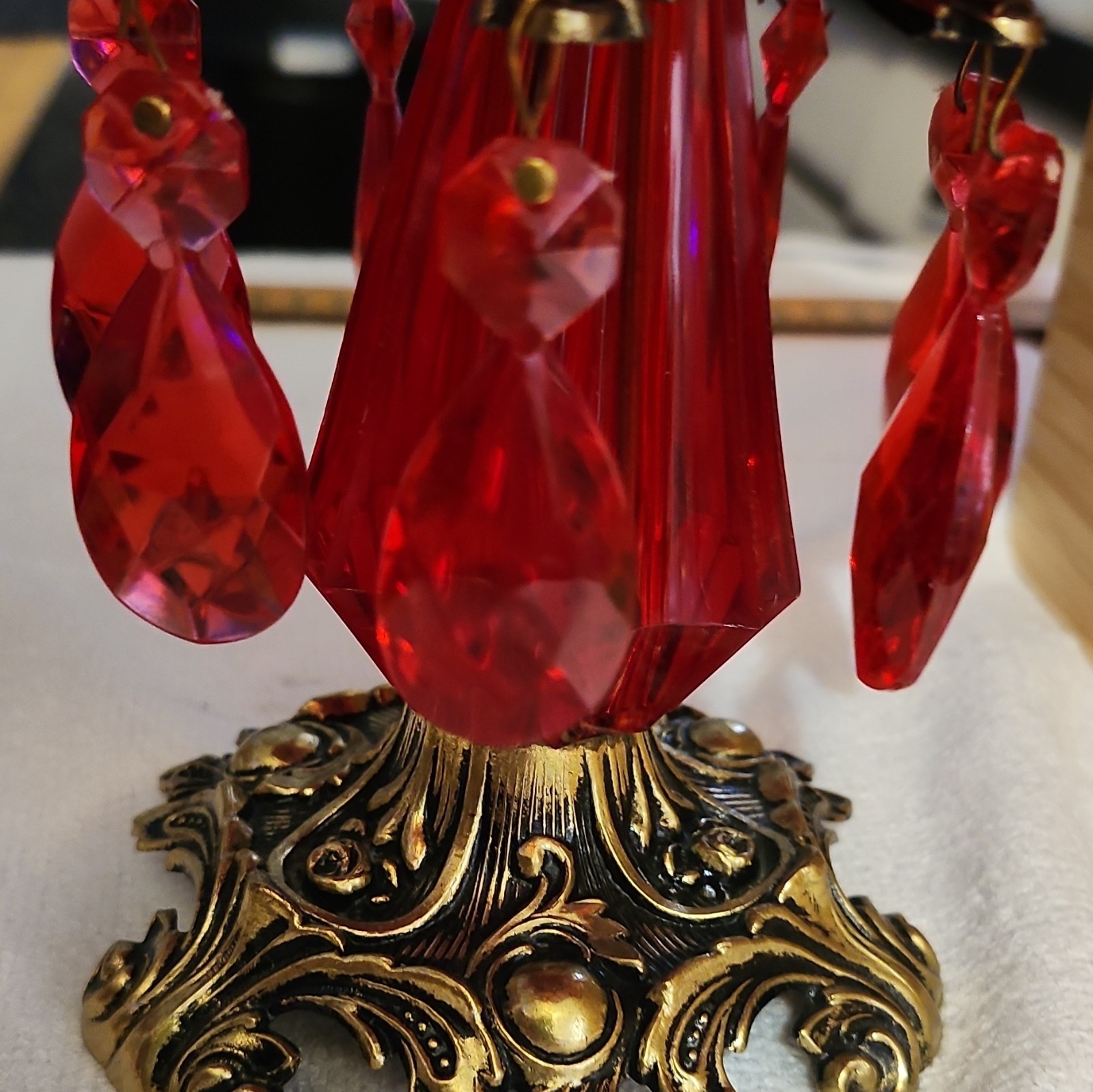Red Glass Pedestal Compote Bowl w/ Hanging Prisms, Ornate Gold-Tone Base
