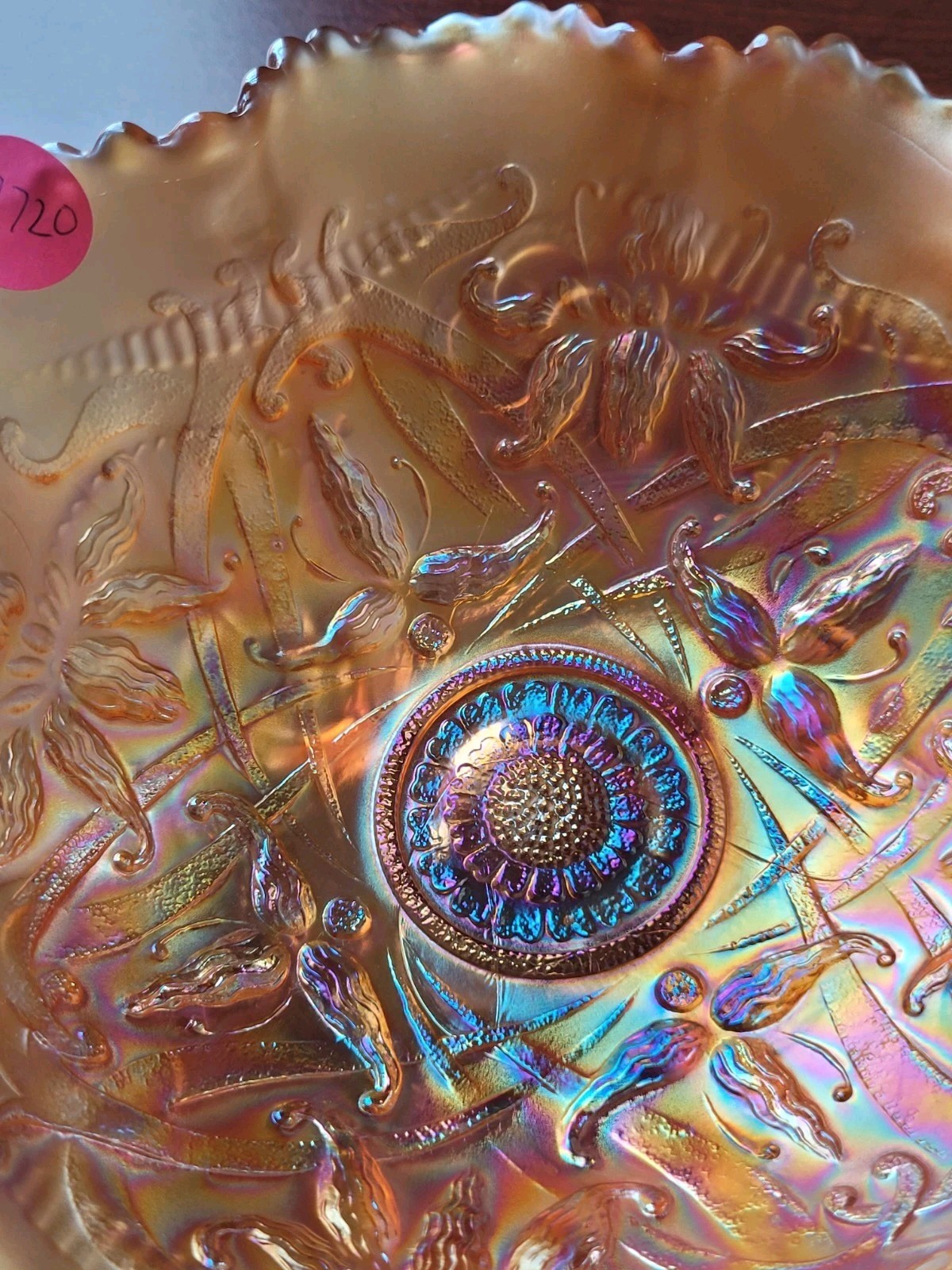Super Pretty Marigold Northwood Carnival Glass Wishbone Bowl Ruffles n Rings EX.
