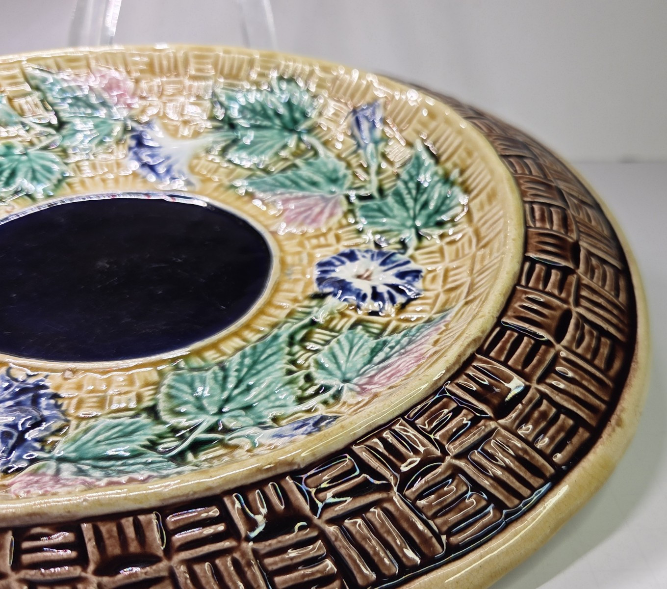 Antique Oval Majolica Basket Weave Footed Platter Floral Bread Bowl Cobalt 12¾”