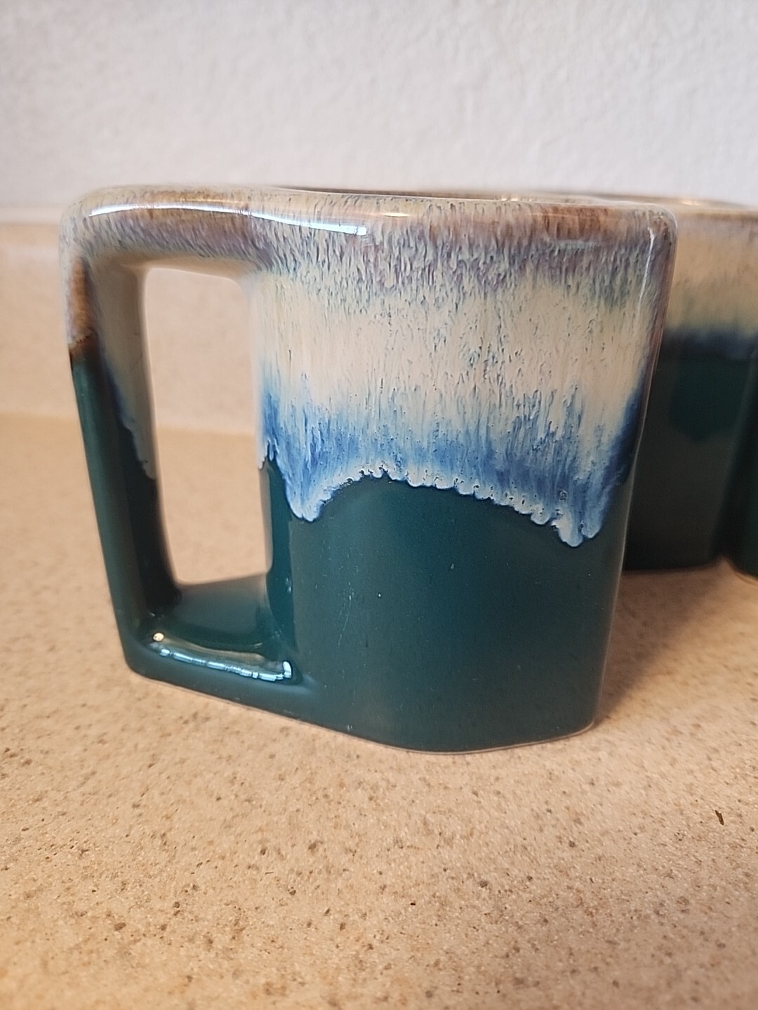 VTG Padilla Signed Stoneware Mugs Blue/Tan Drip Glaze Set of 4 boho