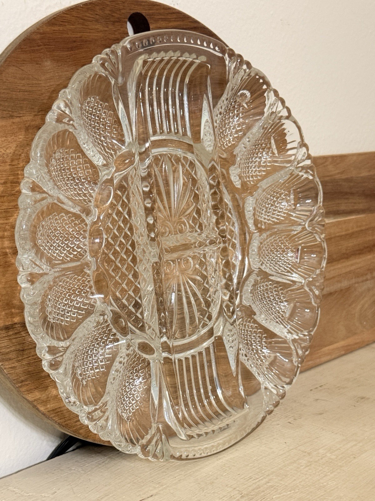 Vintage L.E. Smith Deviled Egg Plate Platter Relish Tray Glass Diamond Design.