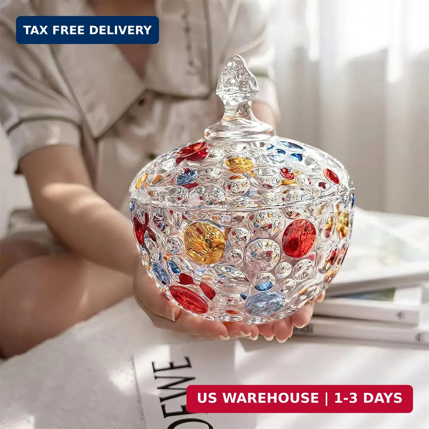 Colorful Glass Candy Jar, Elegant Hand Painted Candy Server Crystal Candy Bowl w
