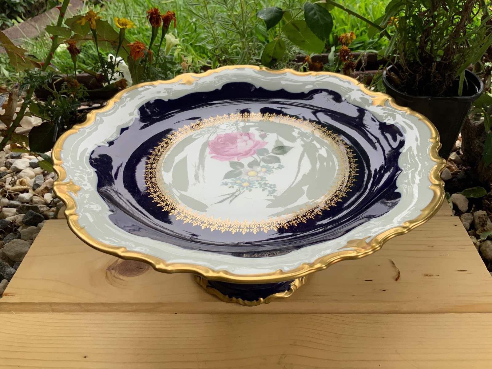 Vintage Reichenbach Echt Kobalt Cobalt Blue Footed Cake Plate Tray AS IS