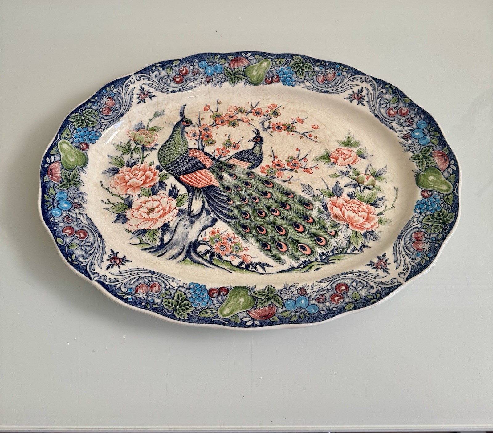 Vintage Empress SM Japan Large Serving Platter Colorful Peacock Rare 18”
