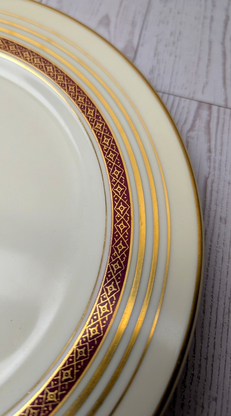 Mismatched Vintage China Plates Party Bridal Wedding Showers Burgundy Gold Trim
