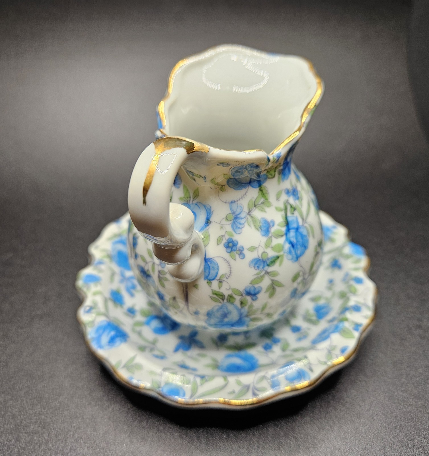 Vintage Royal Chintz Arnart 5th Ave Blue Roses Pitcher Creamer and Saucer #217