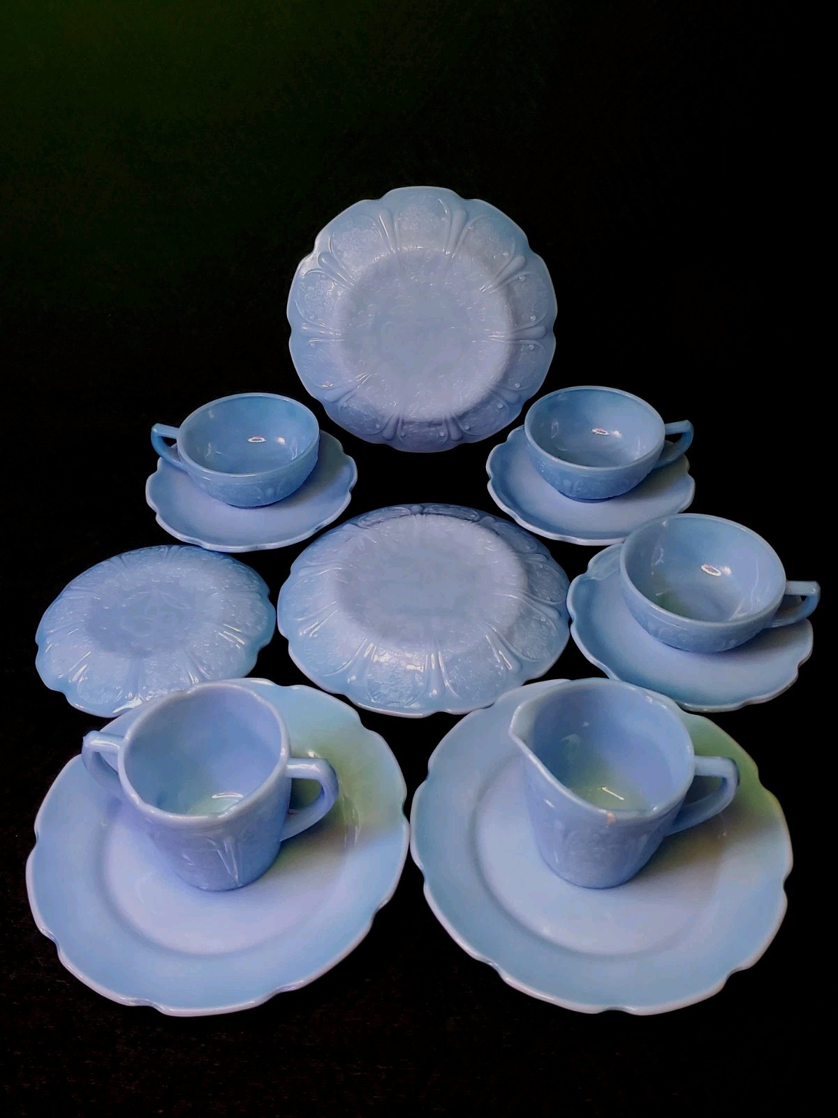 13 Piece Jeannette Delphite Blue Cherry Blossom Depression Glass Child’s Tea Set