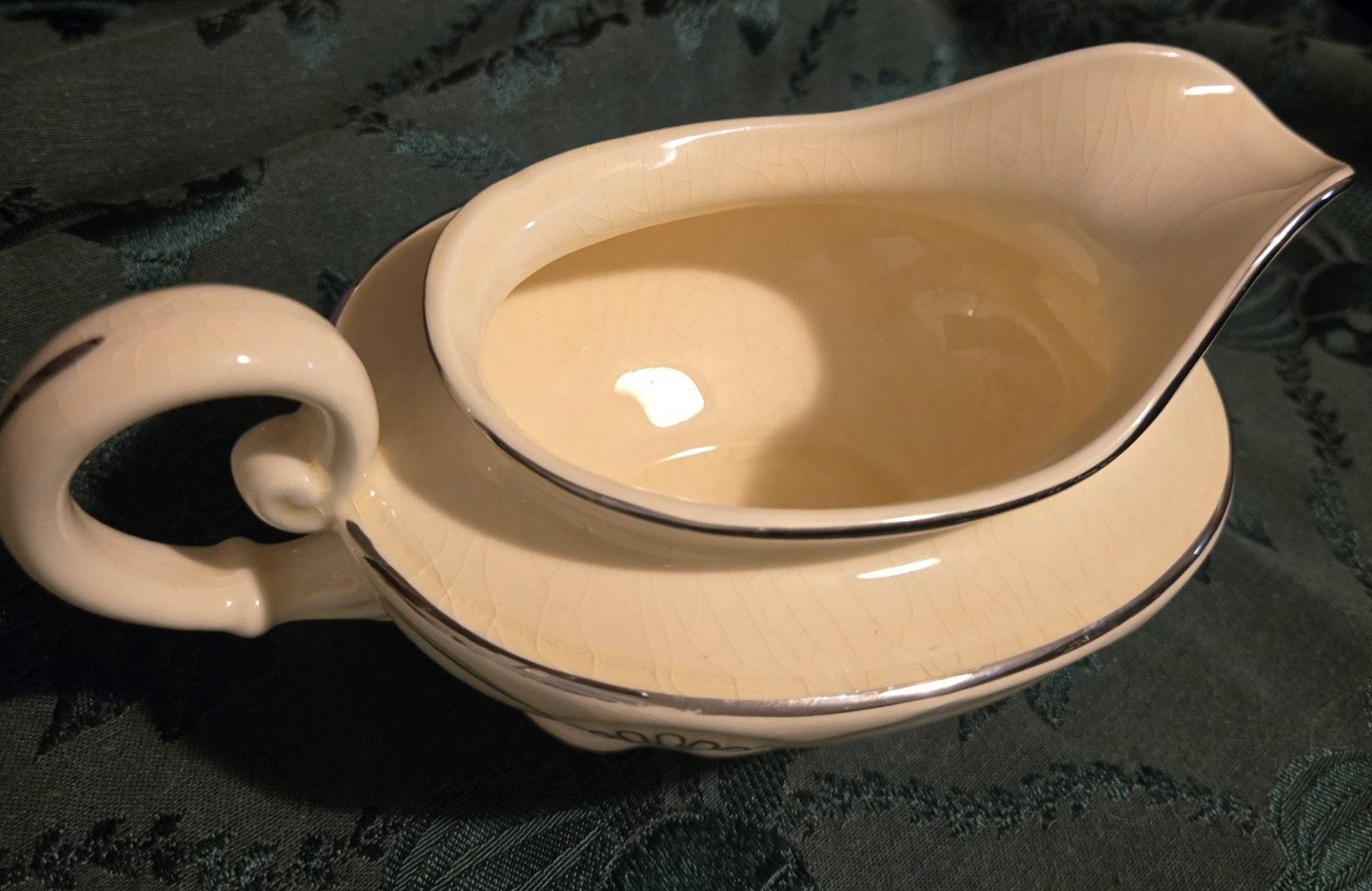 Homer Laughlin Marigold Pattern Gravy Boat with Platinum Trim