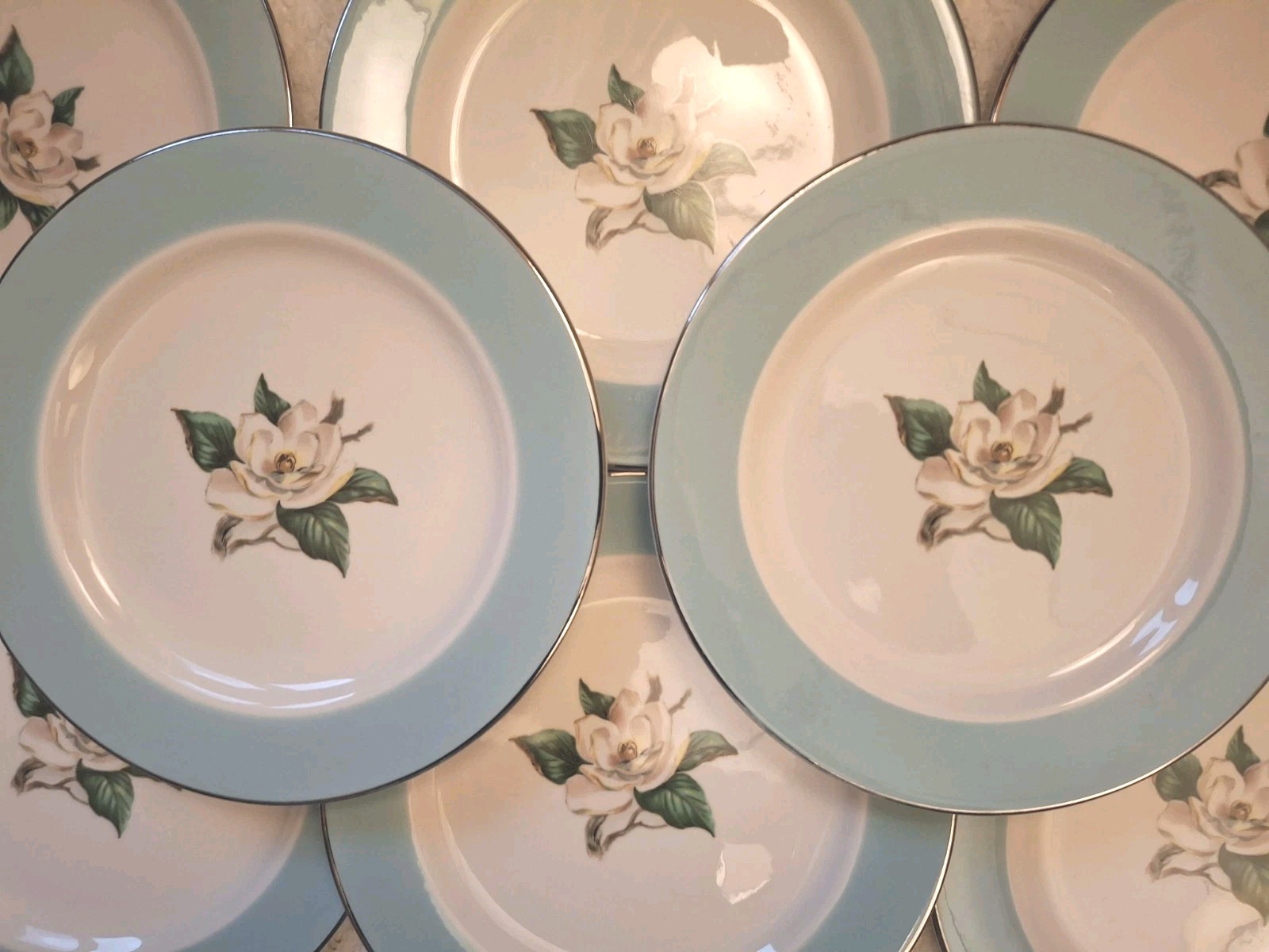 Set Of 8 Homer Laughlin Lifetime China Turquoise Magnolia, Salad Dessert Plates