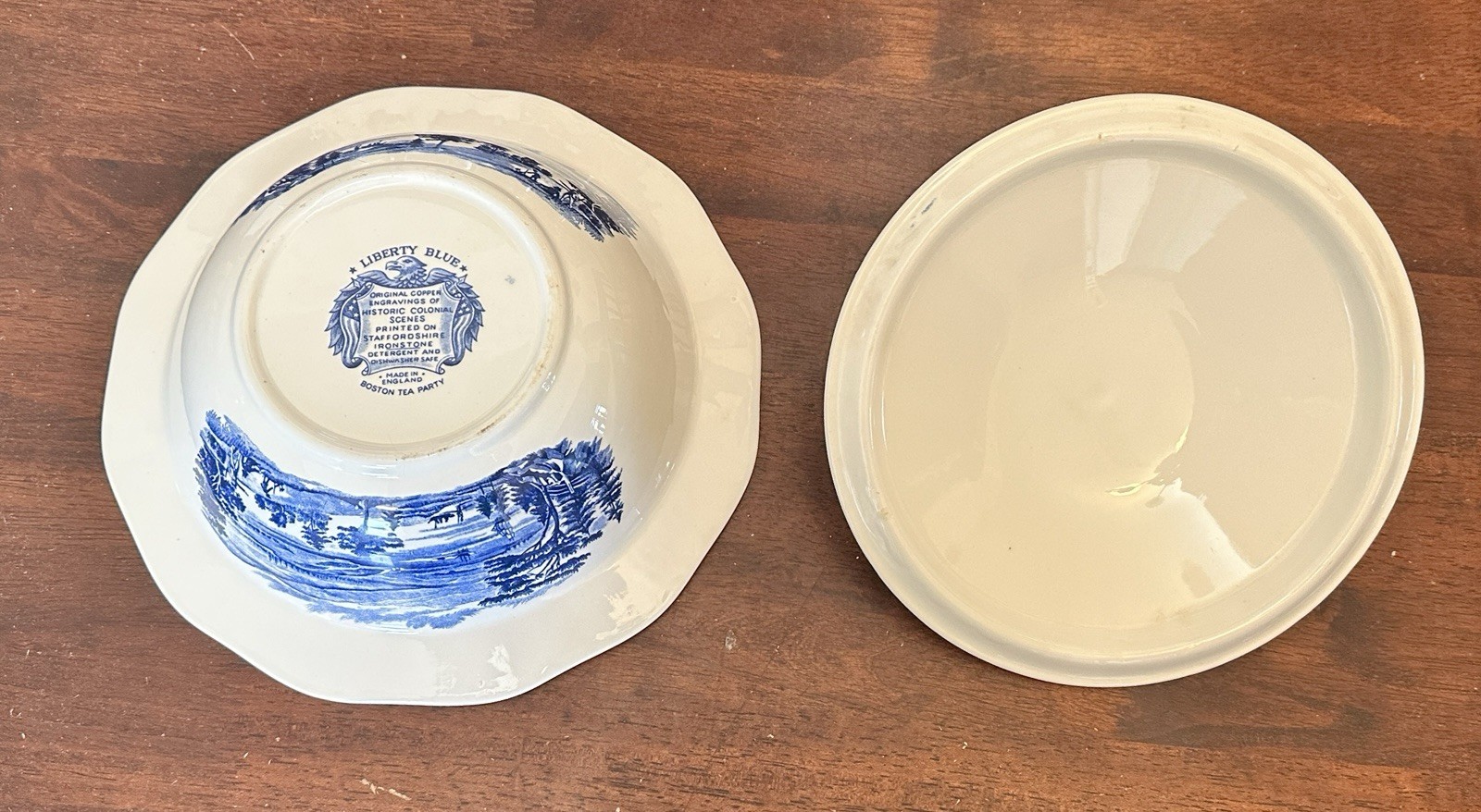 Vintage Liberty Blue Colonial Scenes Staffordshire Boston Tea Party Bowl W/Lid