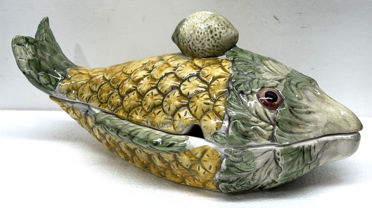 Vintage 1993 Hand Painted Ceramic Fish Tureen Serving Dish Butter Bowl Taiwan