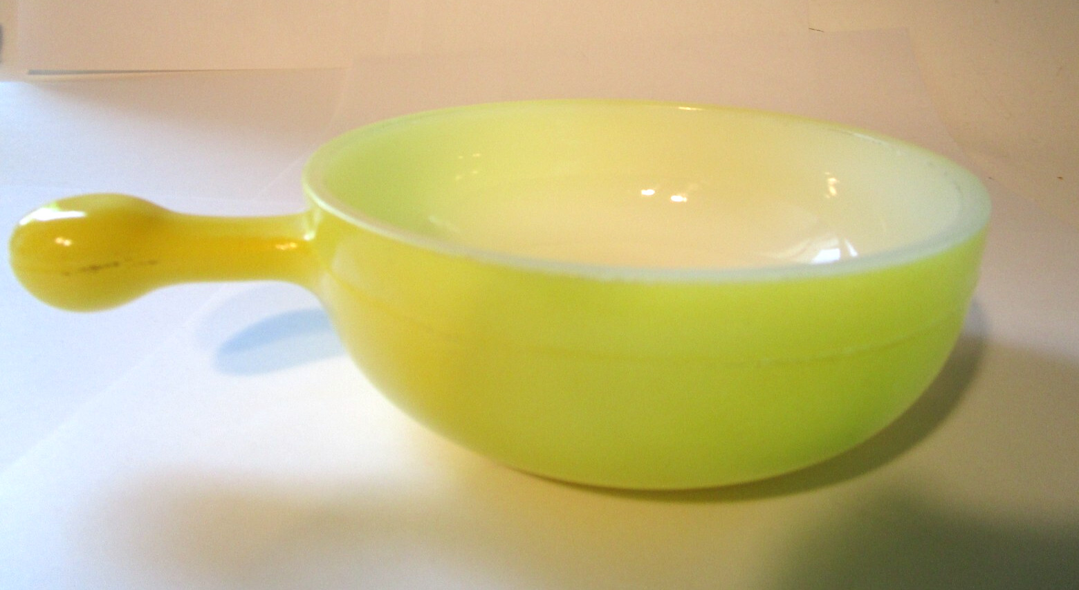 Vintage Glasbake Yellow 12 oz Chili Soup Bowl Lug Handle USA J-2057-4