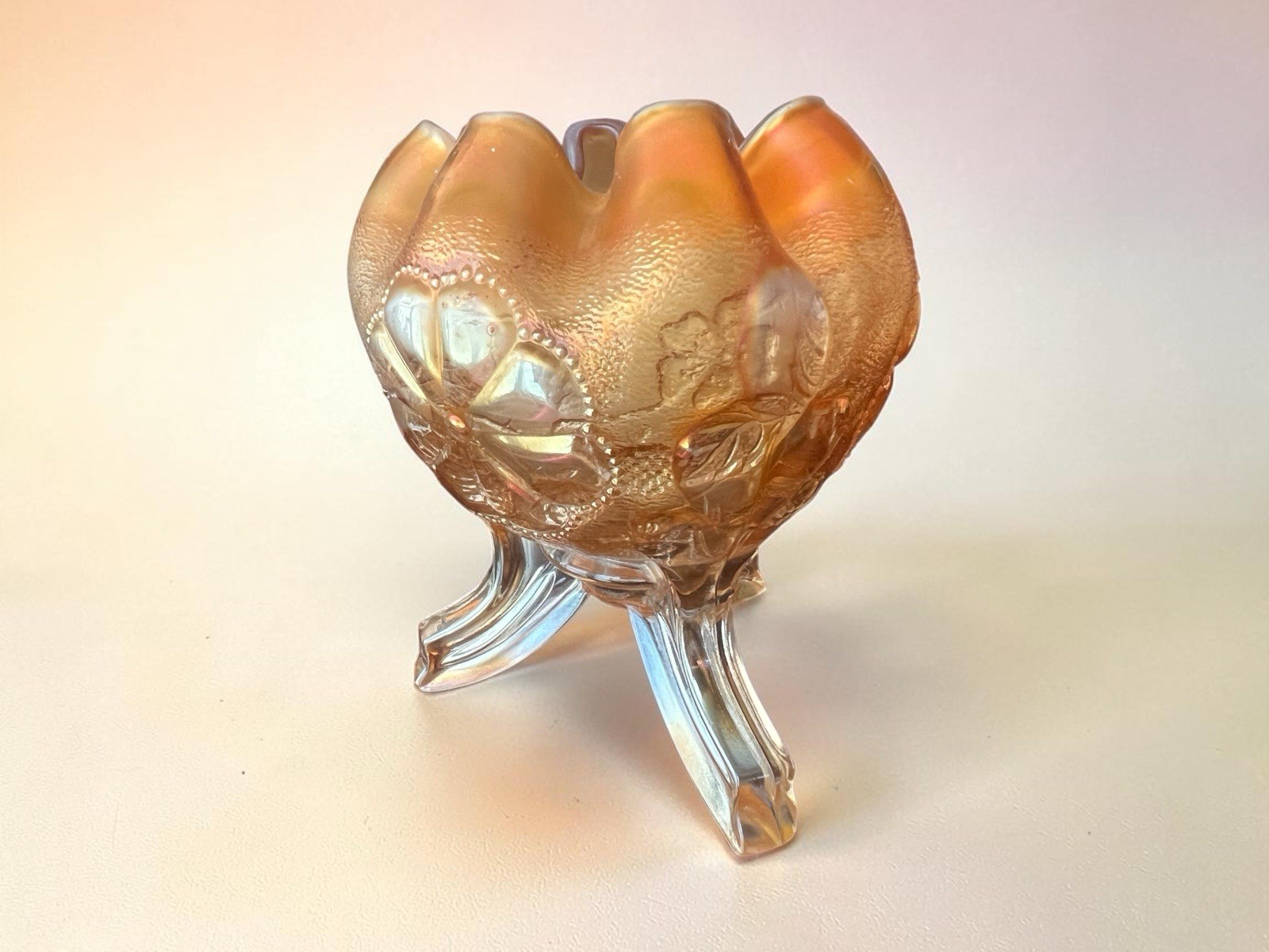 Vintage Northwood Daisy Plume Marigold Orange Carnival Glass Ruffled Rim Bowl
