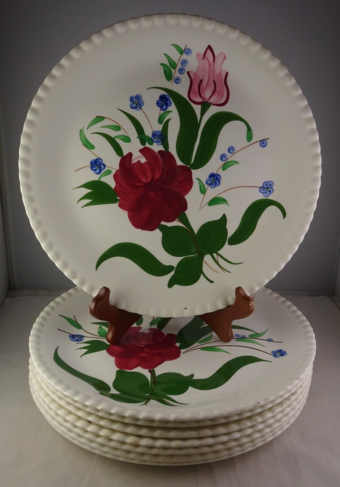 Blue Ridge Southern Pottery – 8 Bluebell Bouquet Dinner Plates Green Leaves
