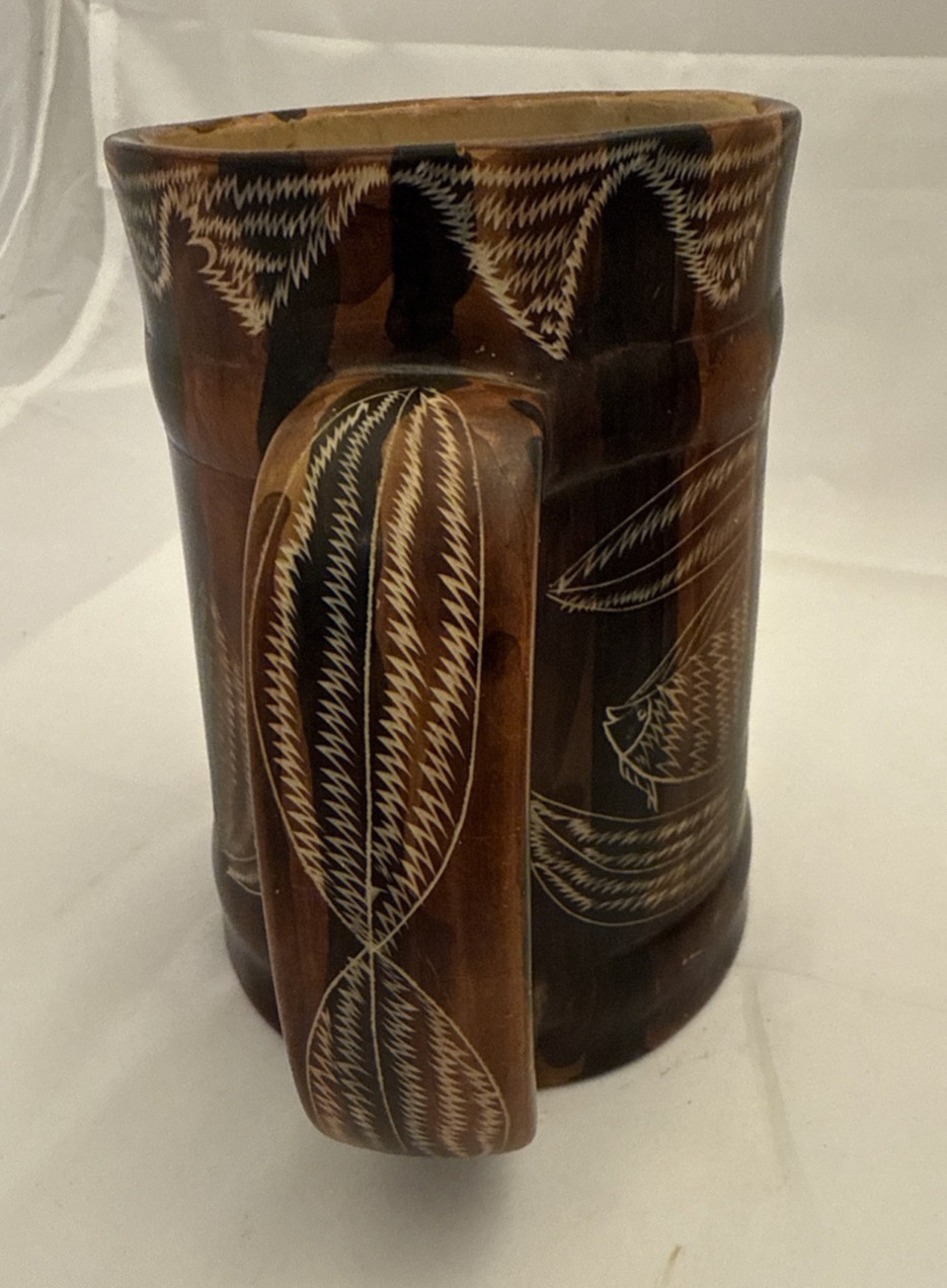 Scrimshaw Like Fish, Plants Waves Ceramic Mug 16oz Art Pottery Not Signed Unique
