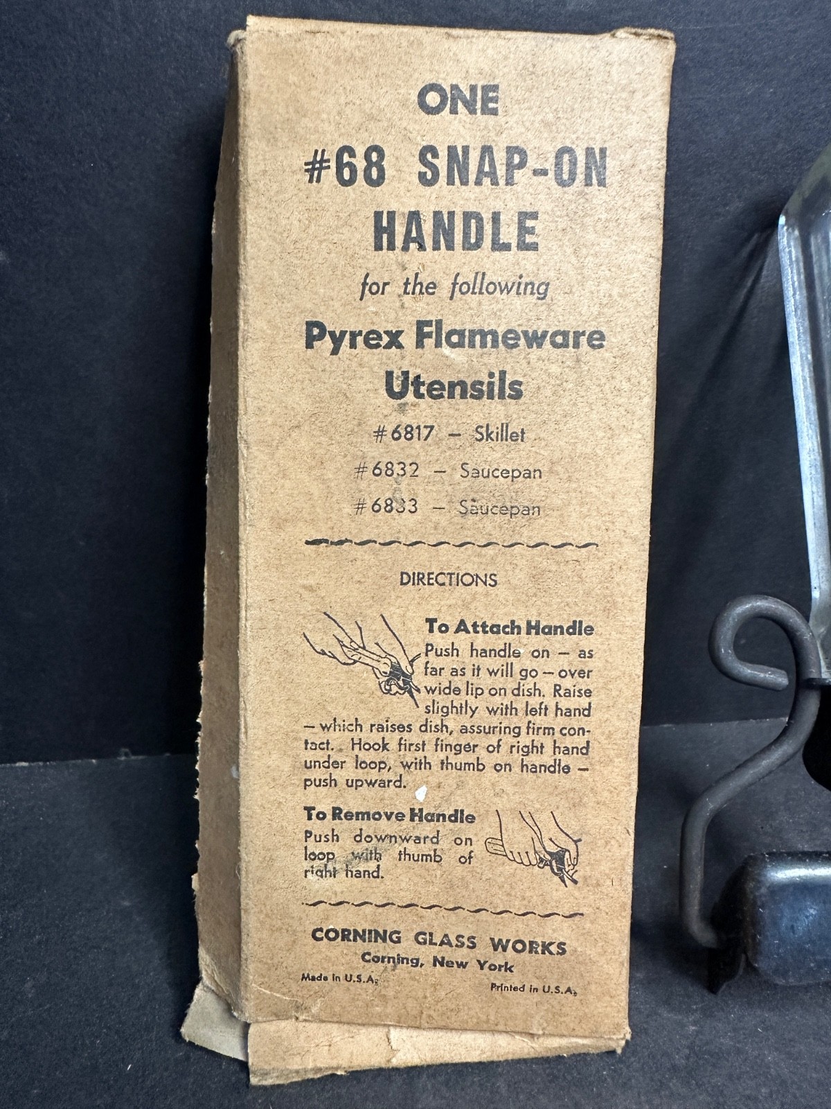 Vintage NOS Corning Pyrex Snap-On Handle, Glass, Original Box, Fit 6817, 6832 33