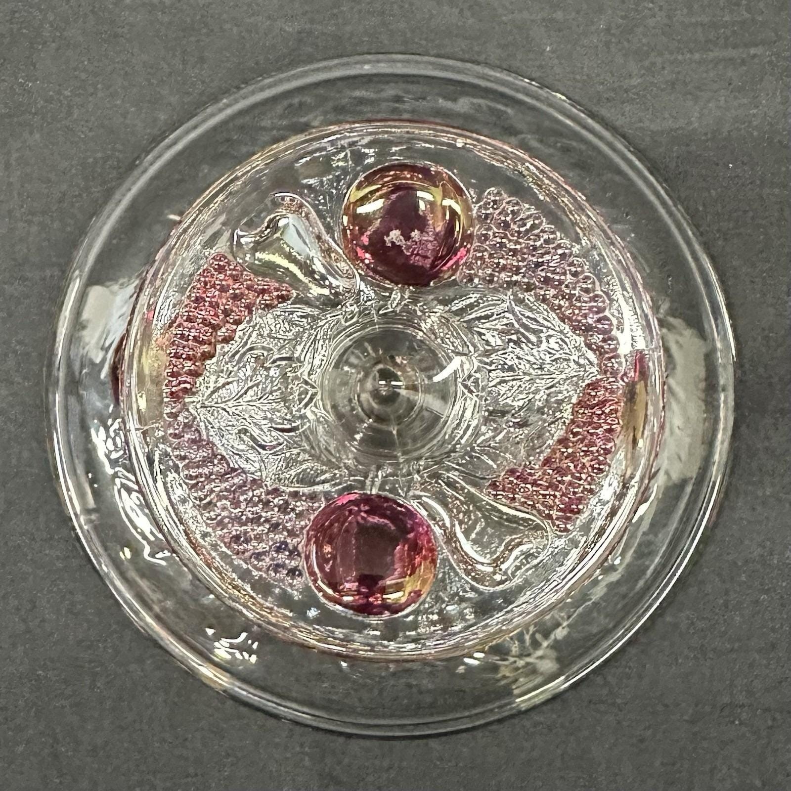 Westmoreland Della Robbia 6″ Ruby Flashed Glass Compote w/Embossed Fruit Vintage